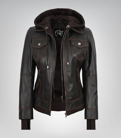 Brown real leather bomber jacket for women with removable hood