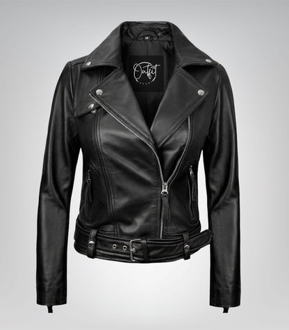 Black leather biker jacket for women with asymmetrical zipper
