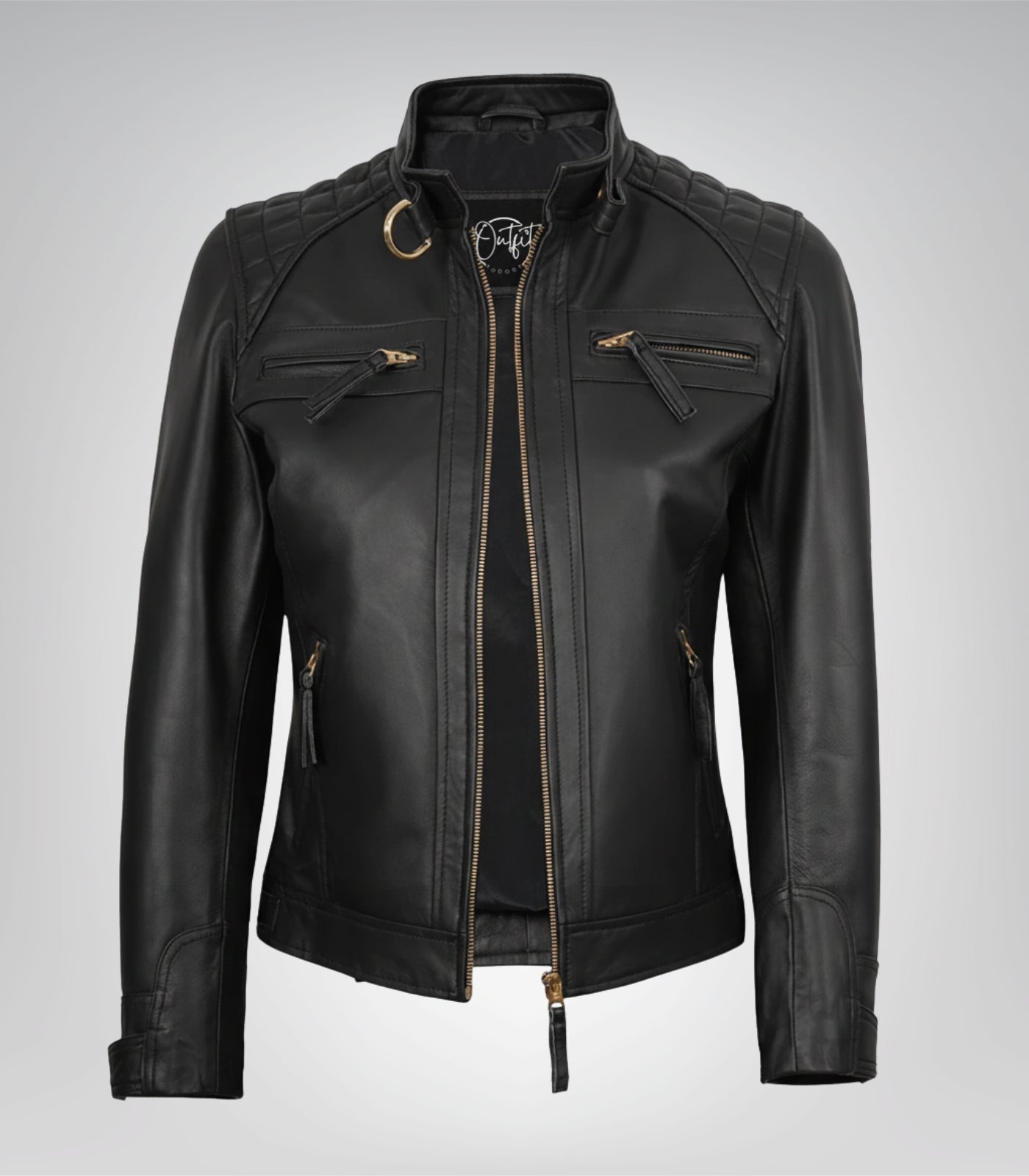 Black real leather moto jacket for women featuring gold details