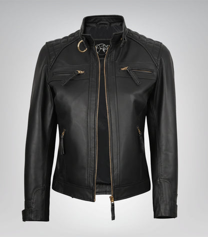 Black real leather moto jacket for women featuring gold details