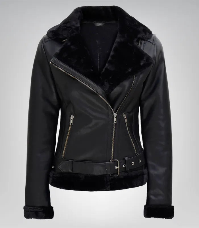 Women’s Black Shearling Leather Biker Jacket – Genuine Lambskin Winter Style