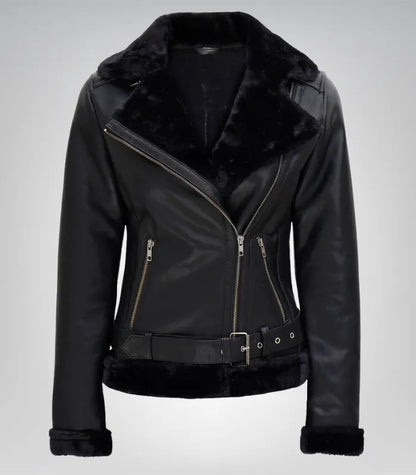 Women’s Black Shearling Leather Biker Jacket – Genuine Lambskin Winter Style