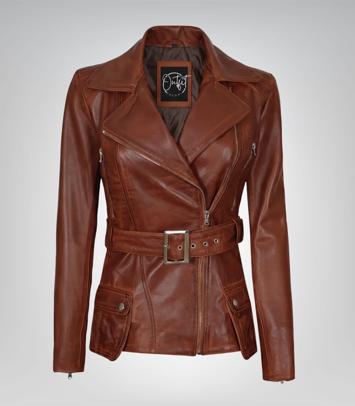 Cognac real waxed leather biker jacket for women with belt and four pockets