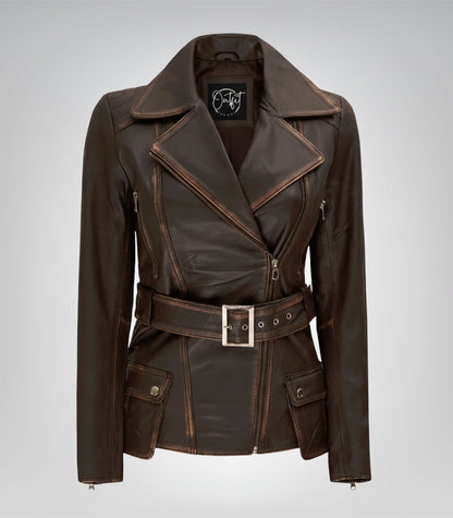 Women’s distressed brown leather longline motorcycle jacket