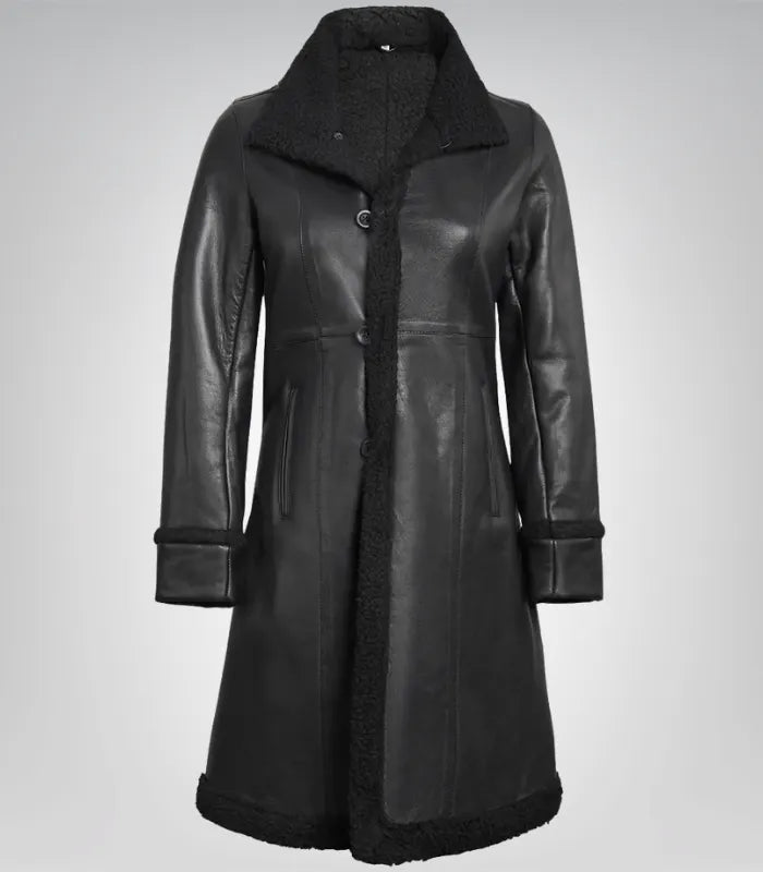 Women’s 3/4 Length Black Genuine Leather Coat with Faux Shearling Lining
