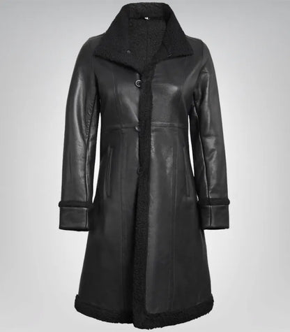 Women’s 3/4 Length Black Genuine Leather Coat with Faux Shearling Lining