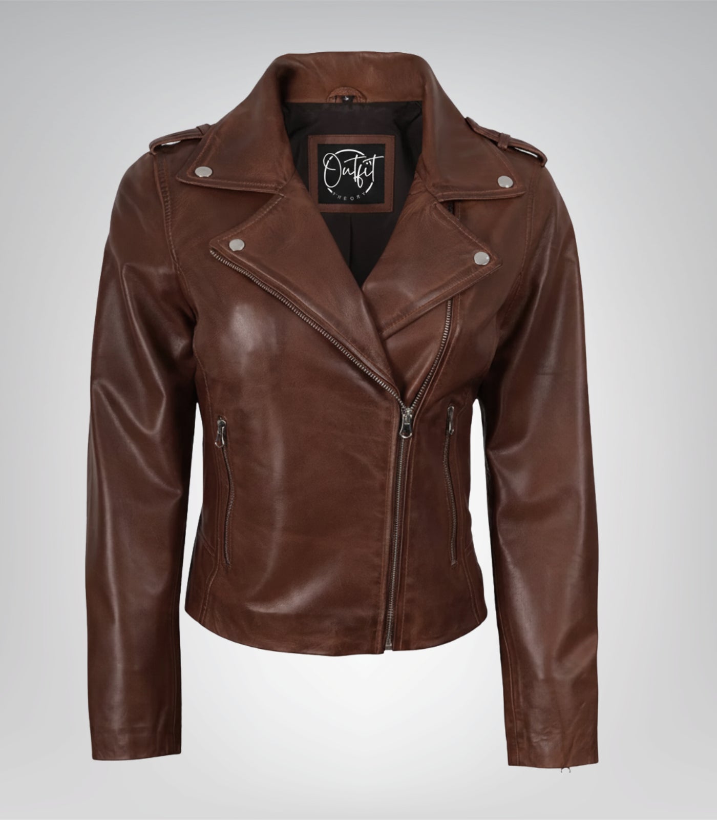 Women’s Distressed Moto-Style Leather Jacket in Cognac