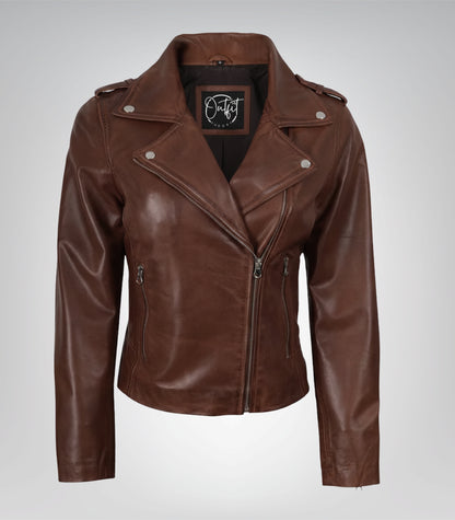 Women’s Distressed Moto-Style Leather Jacket in Cognac