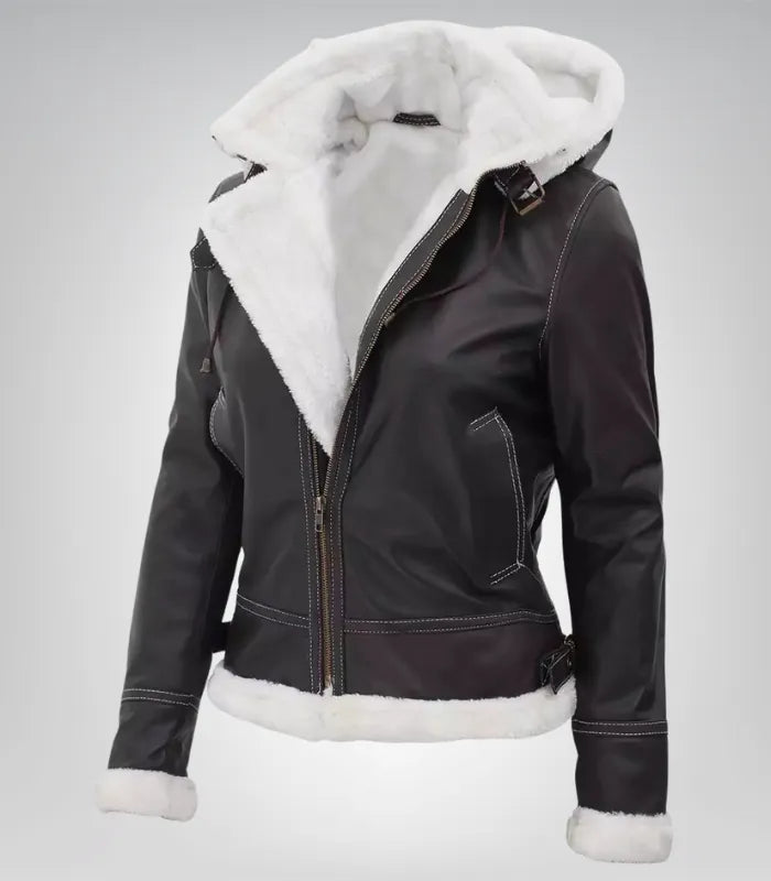 Women’s Mary B3 Dark Brown Shearling Leather Jacket with Removable Hood