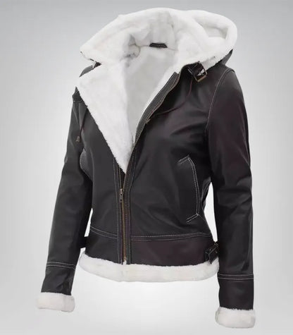 Women’s Mary B3 Dark Brown Shearling Leather Jacket with Removable Hood