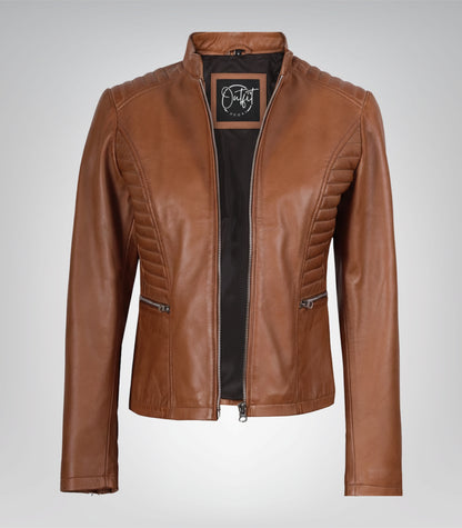 Women’s slim-fit tan jacket crafted in real leather
