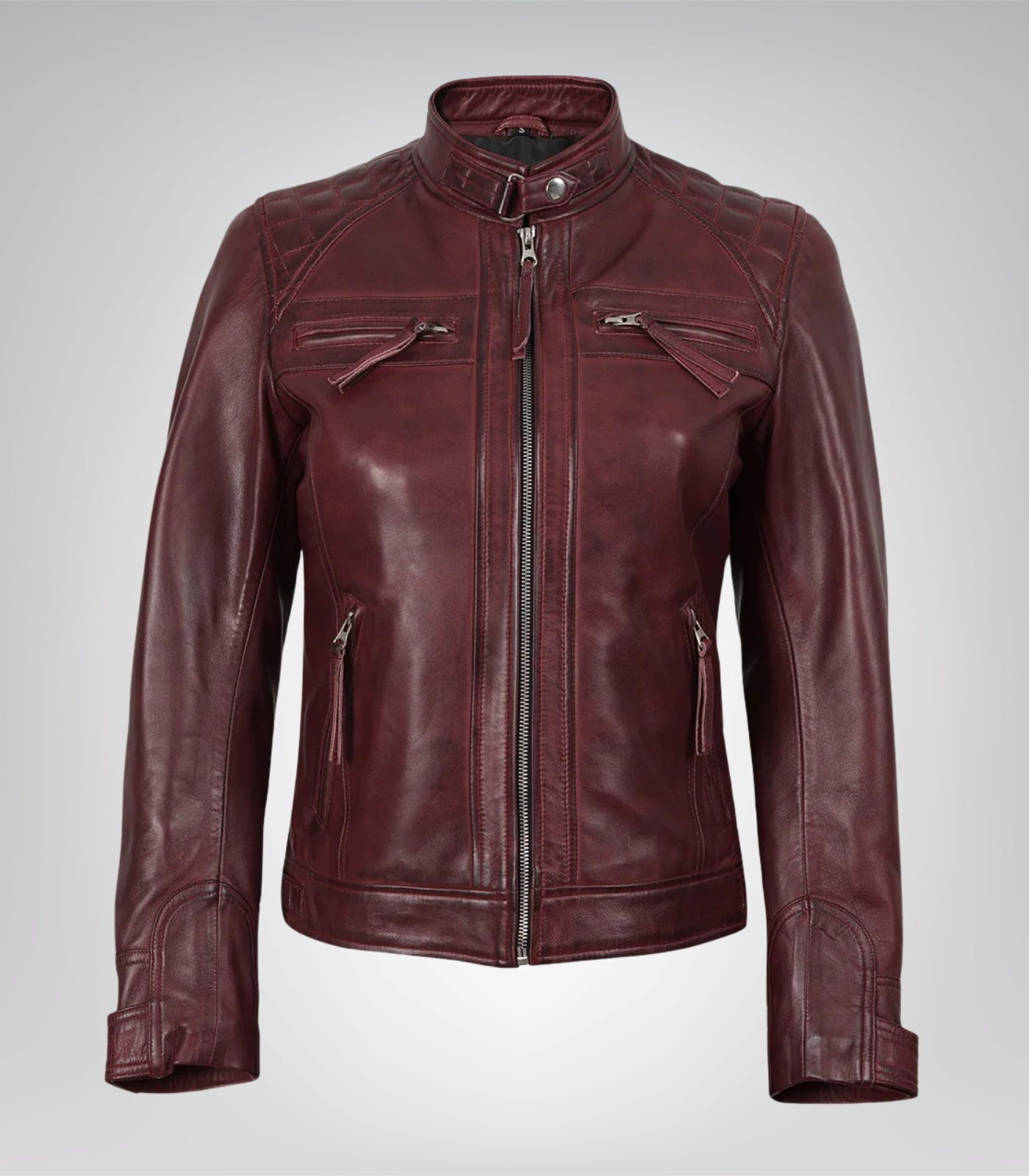 Women’s Burgundy Genuine Lambskin Moto-Style Leather Jacket