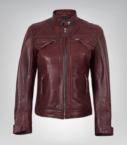 Women’s Burgundy Genuine Lambskin Moto-Style Leather Jacket