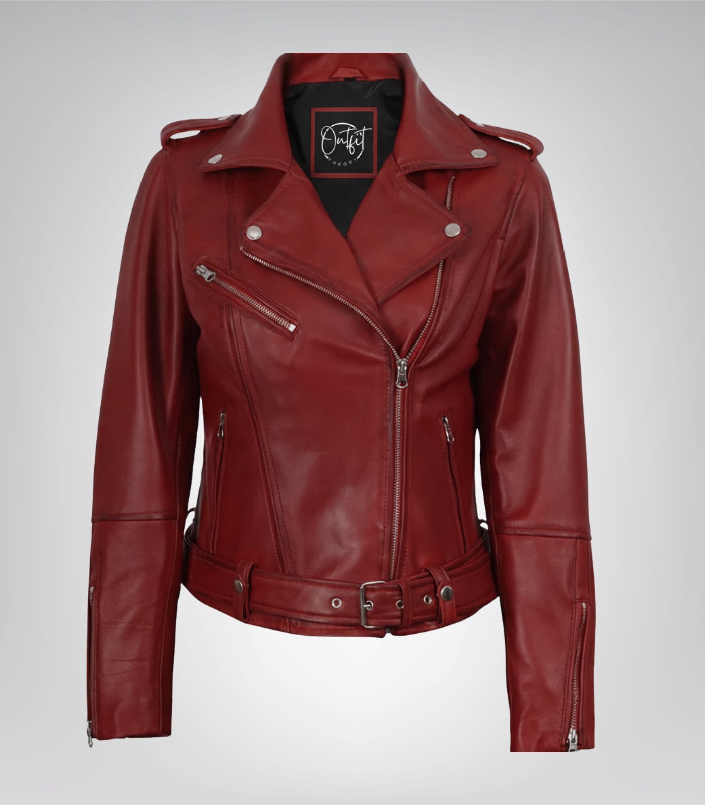 Women’s leather moto jacket with waist belt