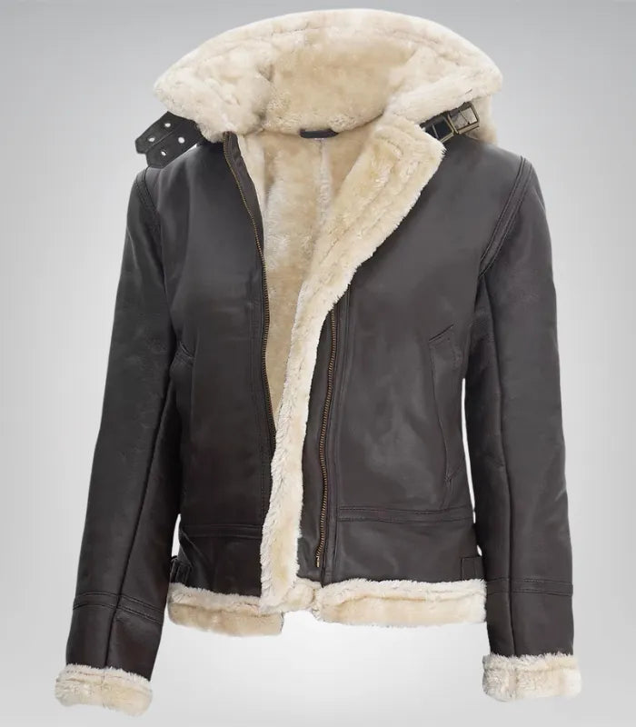 Genuine lambskin shearling jacket for women – dark brown with warm hood
