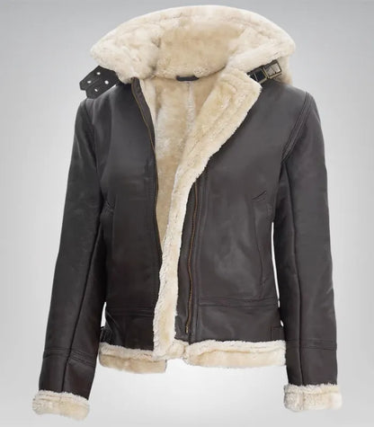 Genuine lambskin shearling jacket for women – dark brown with warm hood