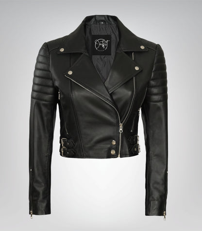 Women’s Black Cropped Moto Jacket with Asymmetrical Front