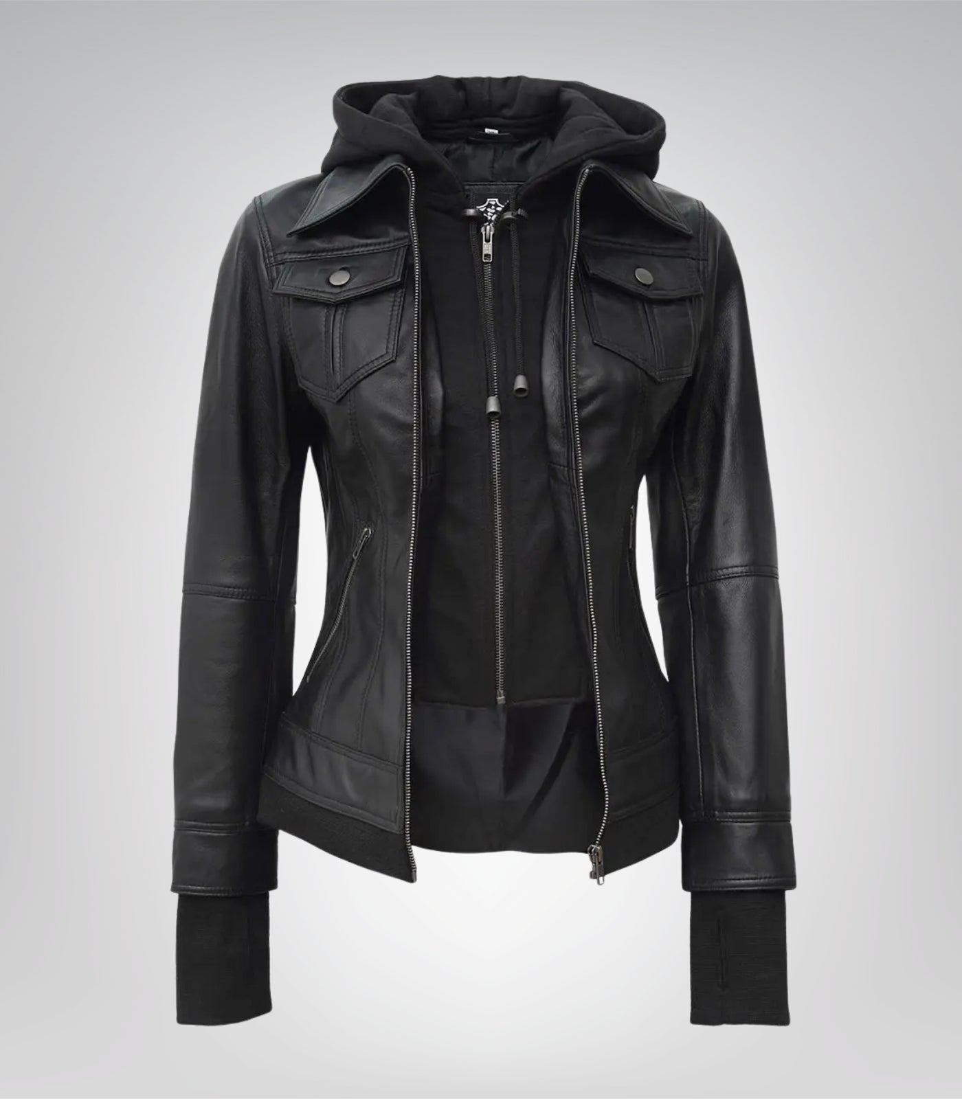 Women’s black hooded bomber jacket in real leather by Céleste