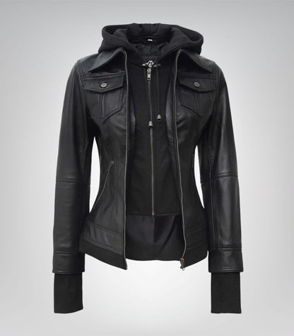 Women’s black hooded bomber jacket in real leather by Céleste