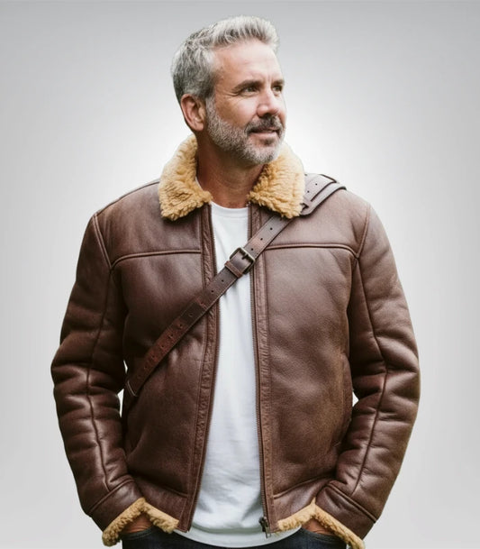 Men's brown shearling bomber leather jacket – classic winter style
