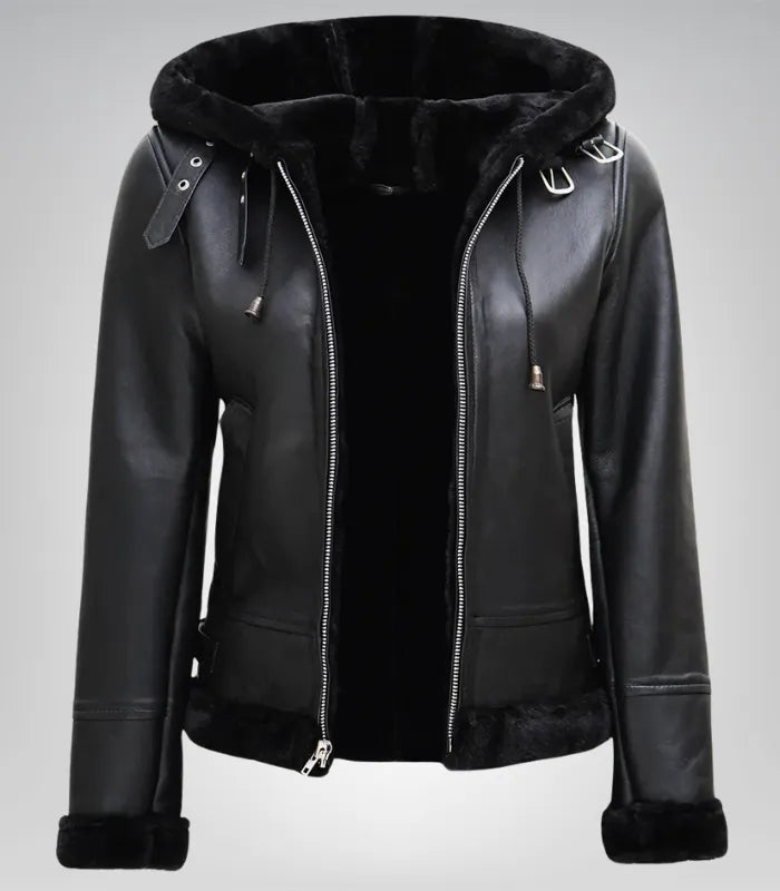 Alt Text: Stylish women’s hooded shearling jacket in black genuine leather