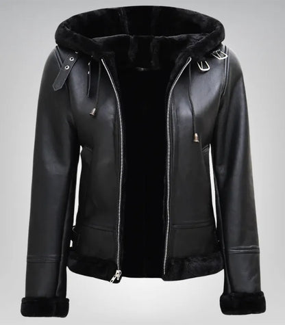 Alt Text: Stylish women’s hooded shearling jacket in black genuine leather