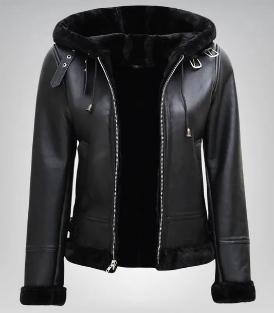 Alt Text: Stylish women’s hooded shearling jacket in black genuine leather