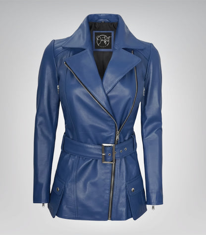 Women’s Blue Leather Biker Jacket with Asymmetrical Front and Belt