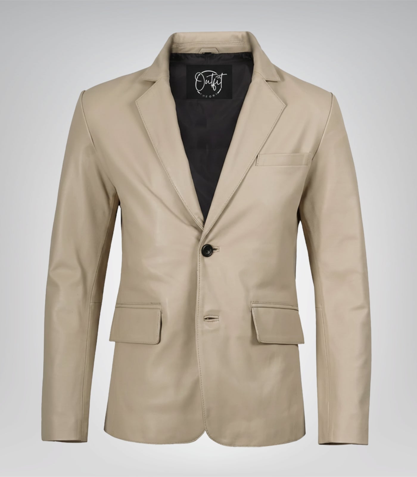 Beige real leather two-button blazer for men with notch lapel