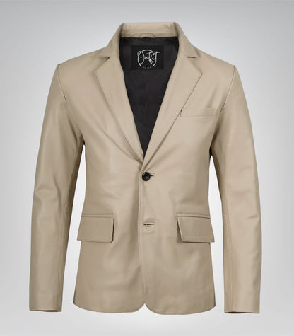 Beige real leather two-button blazer for men with notch lapel