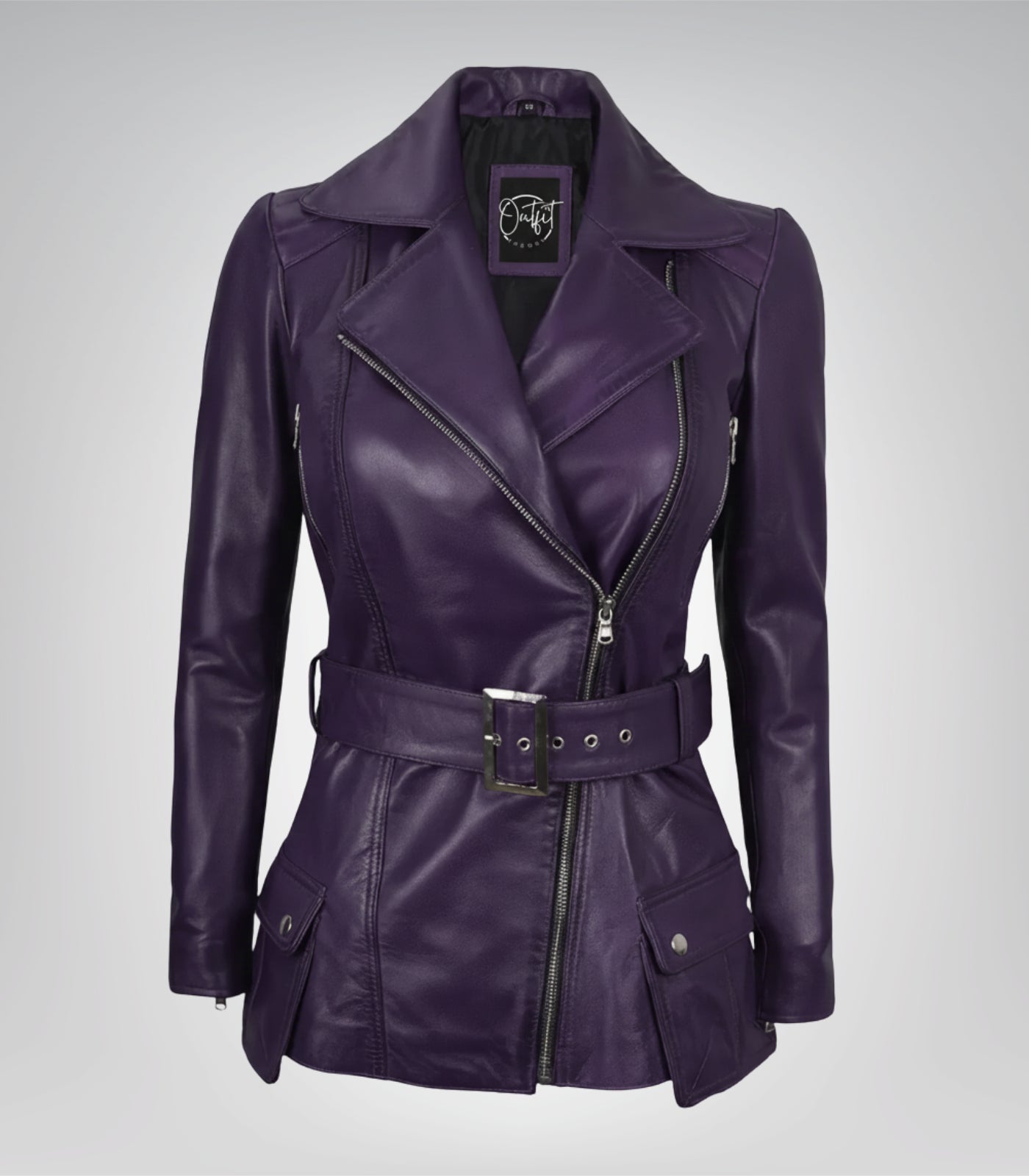 Women’s Purple Real Leather Biker Jacket with Belted Waist