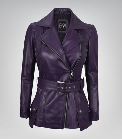 Women’s Purple Real Leather Biker Jacket with Belted Waist