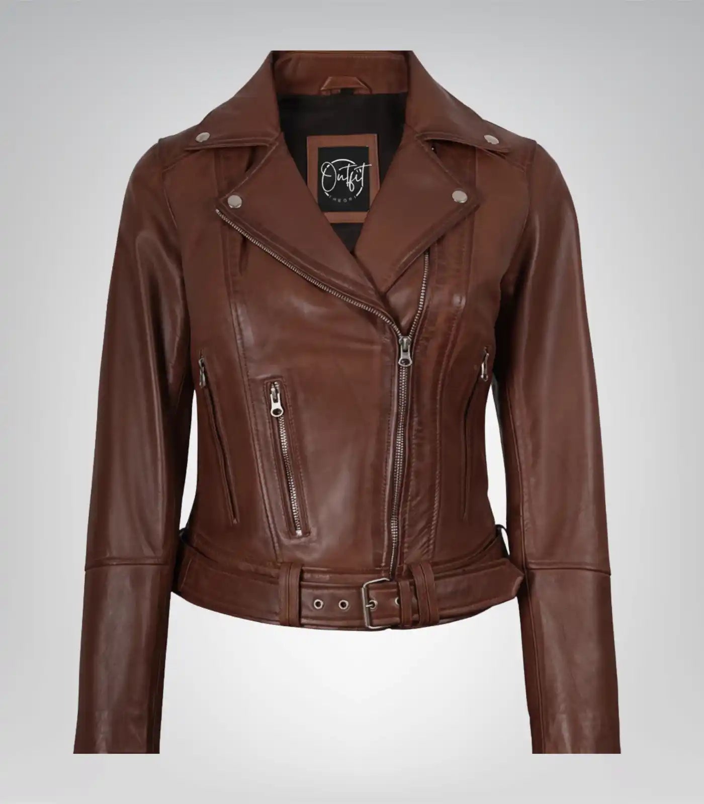 Cognac real leather asymmetrical moto jacket for women with belt