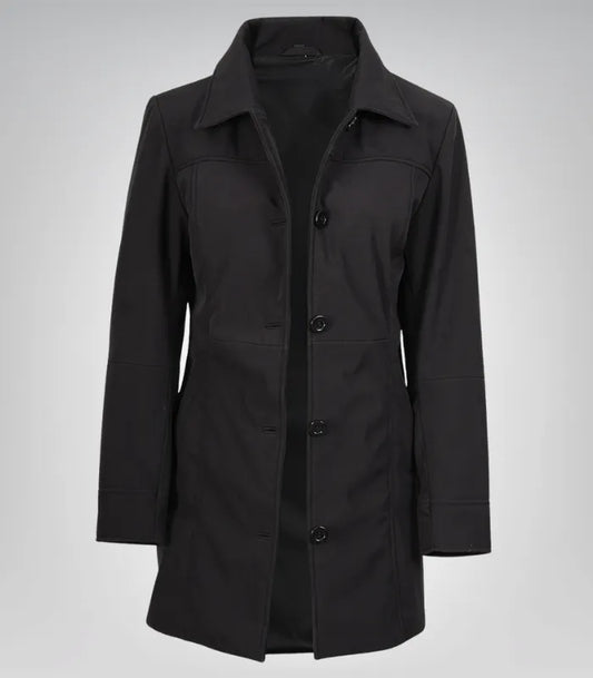 Alt Text: Sophisticated black 3/4 length coat for women, perfect for daily wear