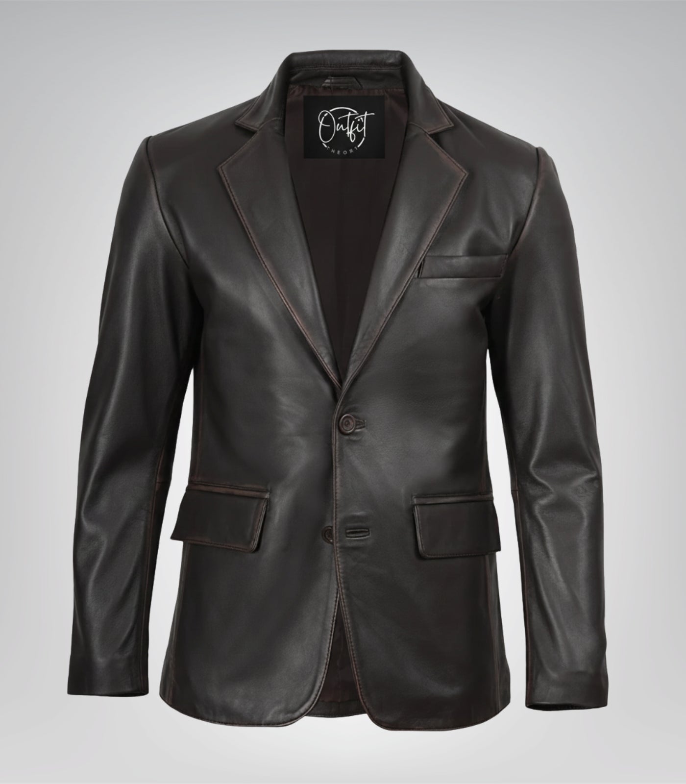 Brown real leather two-button blazer for men, distressed style