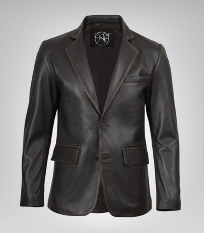 Brown real leather two-button blazer for men, distressed style
