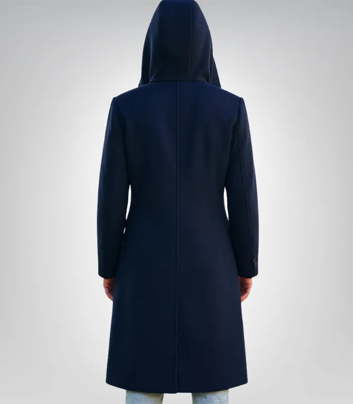 Alt Text: Stylish women’s navy wool coat featuring a hood and button design