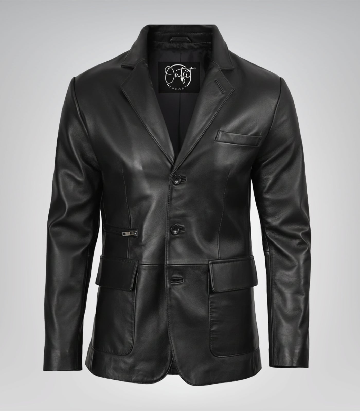 Black real leather three-button blazer for men with traditional notch lapel