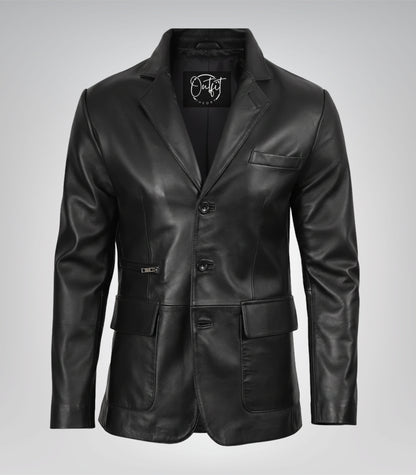 Black real leather three-button blazer for men with traditional notch lapel