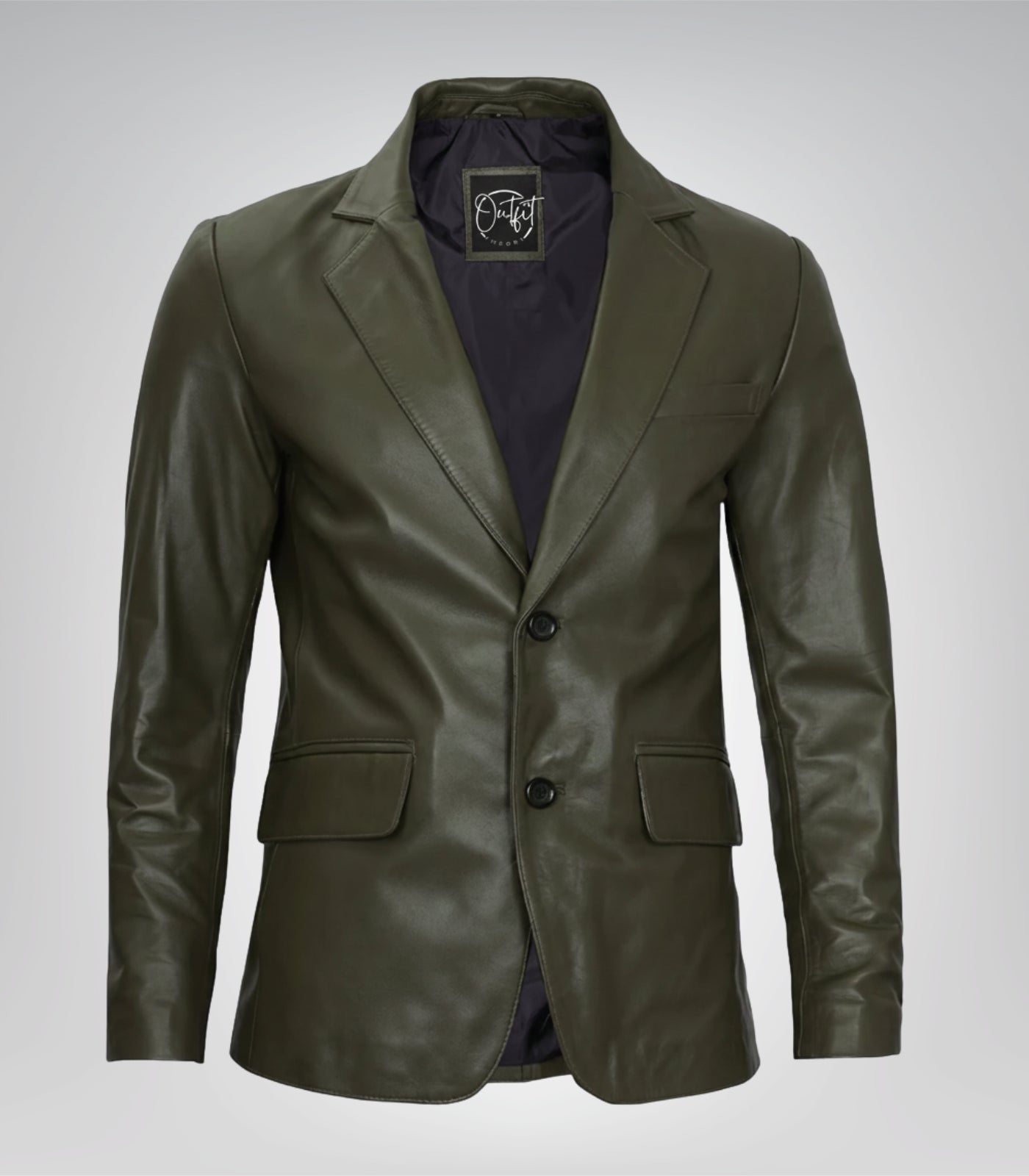 Olive green real leather two-button blazer jacket for men