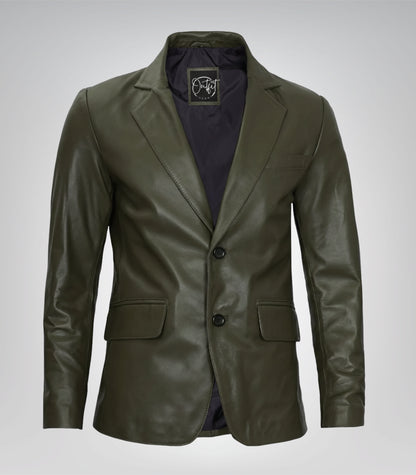 Olive green real leather two-button blazer jacket for men