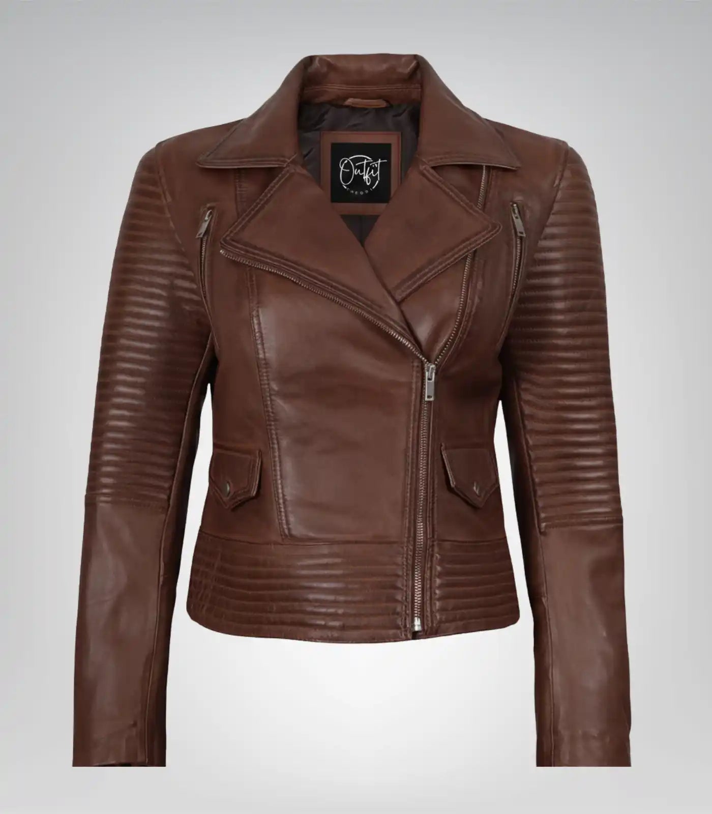 Cognac real leather asymmetrical moto jacket for women