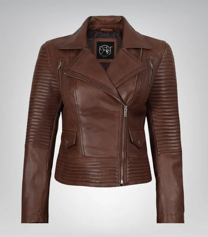 Cognac real leather asymmetrical moto jacket for women
