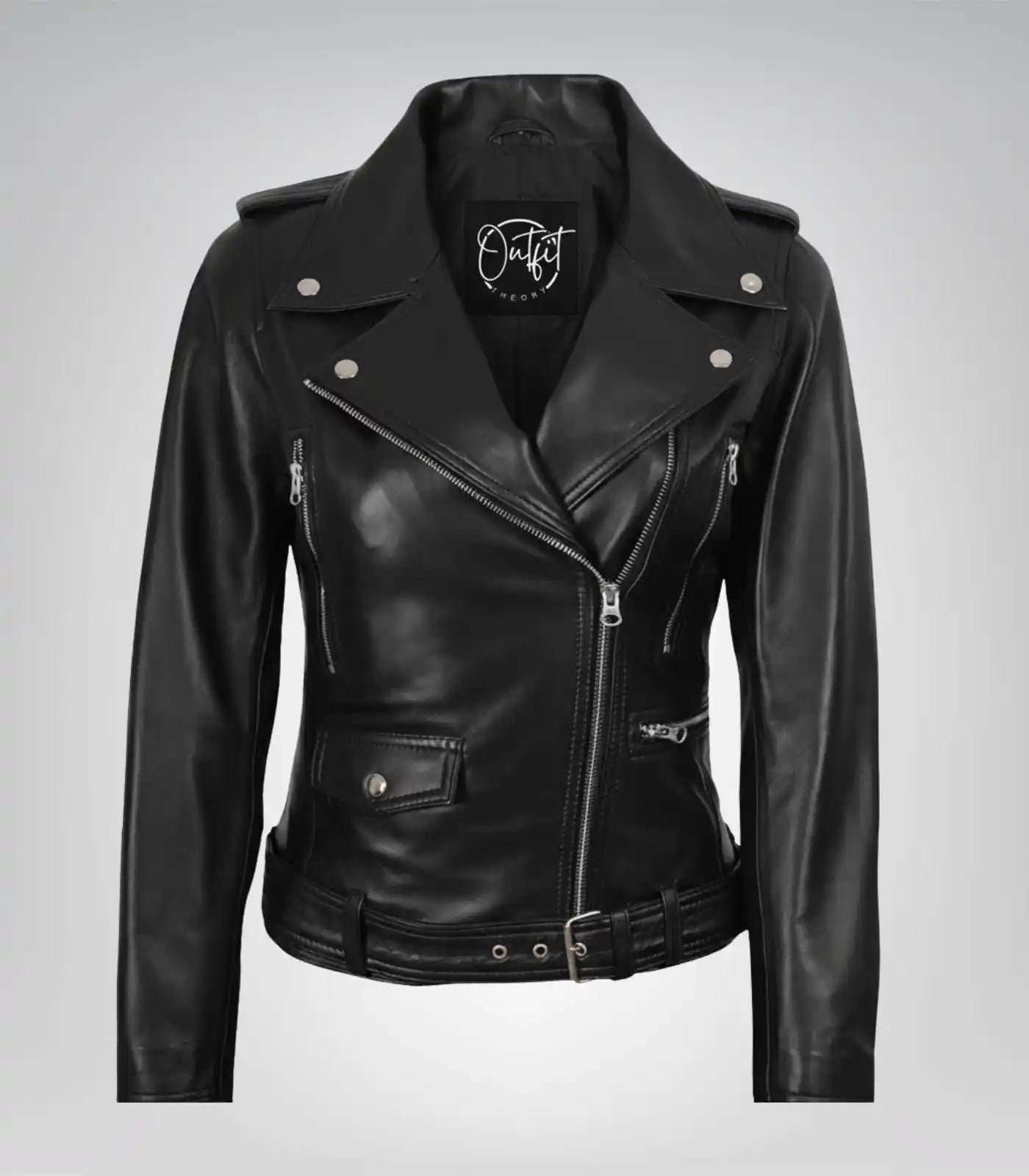 Black real leather asymmetrical moto jacket for women by Marcella