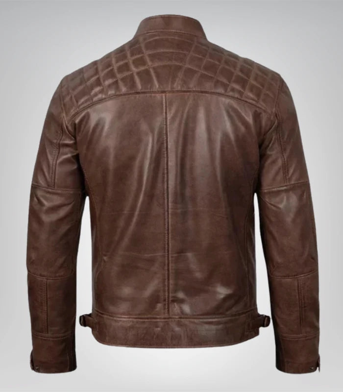 Mens Quilted Shoulder Coffee Brown Biker Leather Jacket