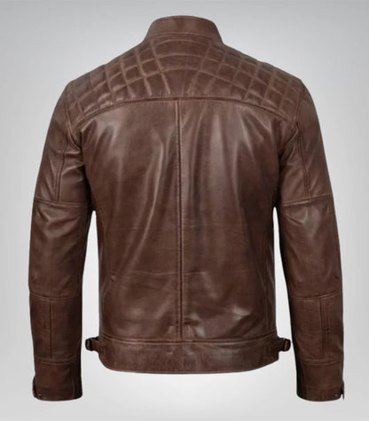 Mens Quilted Shoulder Coffee Brown Biker Leather Jacket