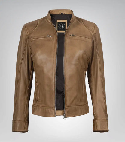 Camel real leather motorcycle jacket for women