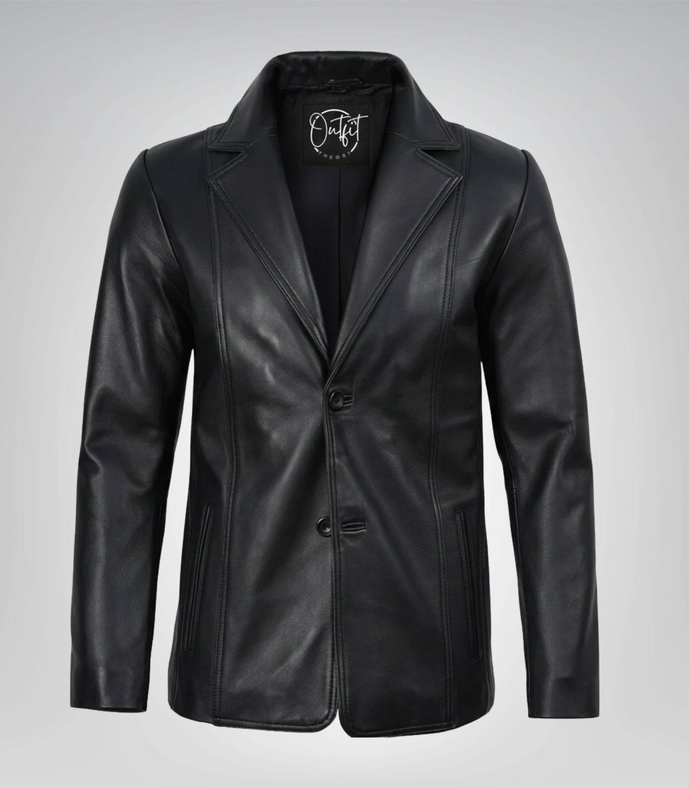 Black real leather two-button blazer for men with notch lapel