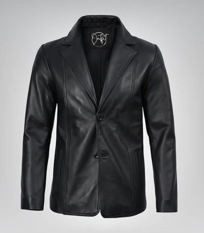Black real leather two-button blazer for men with notch lapel