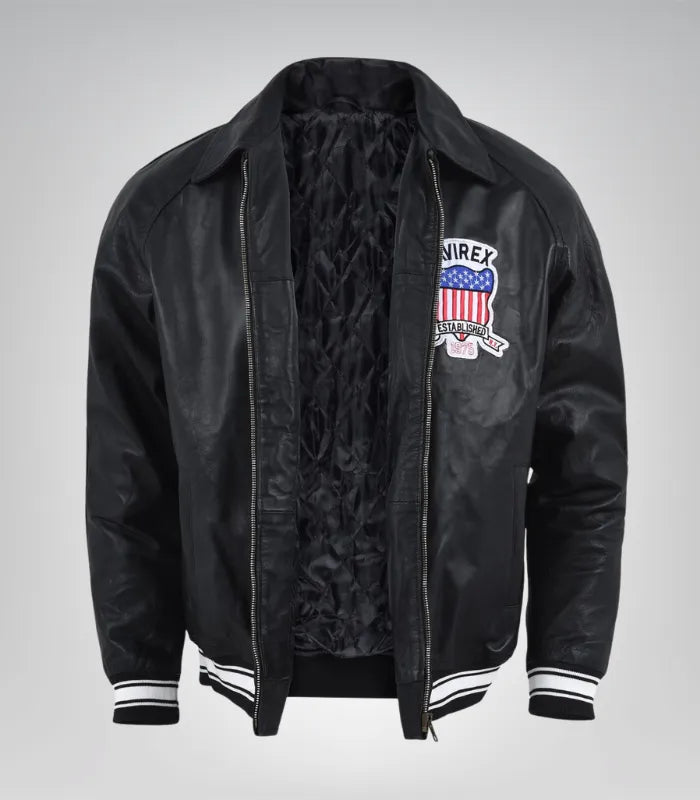 Men’s Black Avirex Leather Bomber Jacket – Vintage American Pilot Style